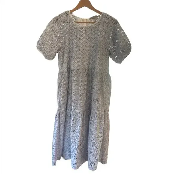 Everlane Tiered Blue White Eyelet Puff Sleeve Oversized Midi Dress Size XS - Picture 2 of 9